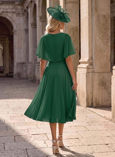 A-Line V-Neck Cape Sleeves Knee-Length Chiffon Mother Of The Bride Dresses With Ruffle