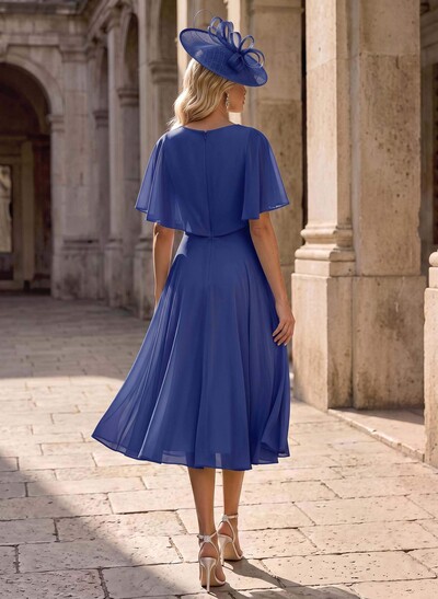A-Line V-Neck Cape Sleeves Knee-Length Chiffon Mother Of The Bride Dresses With Ruffle