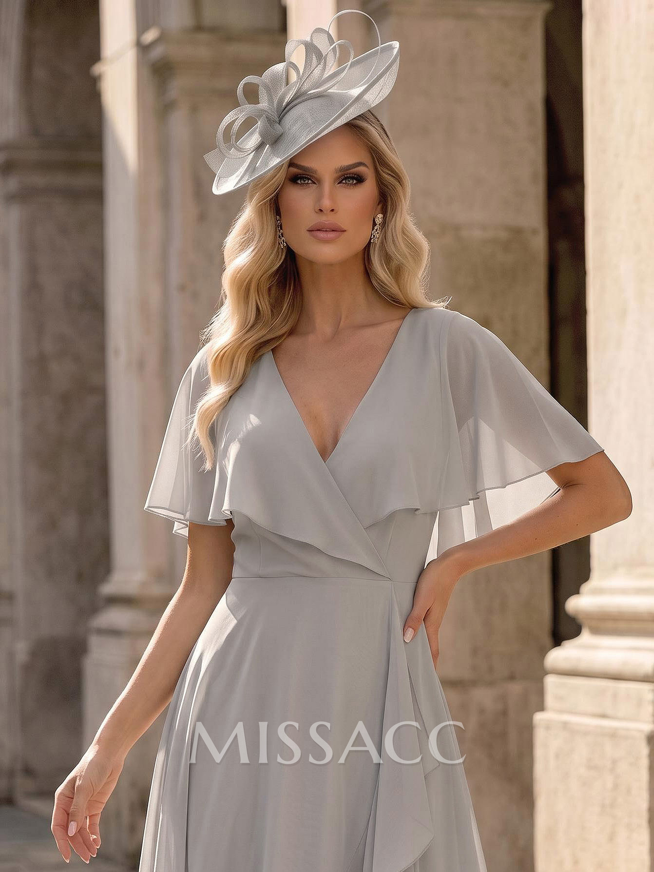 A-Line V-Neck Cape Sleeves Knee-Length Chiffon Mother Of The Bride Dresses With Ruffle A-Line V-Neck Cape Sleeves Knee-Length Chiffon Mother Of The Bride Dresses With Ruffle