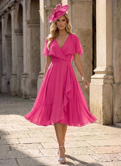 A-Line V-Neck Cape Sleeves Knee-Length Chiffon Mother Of The Bride Dresses With Ruffle