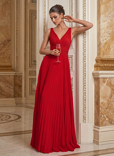 A-Line V-Neck Sleeveless Floor-Length Chiffon Mother Of The Bride Dresses With Pleated