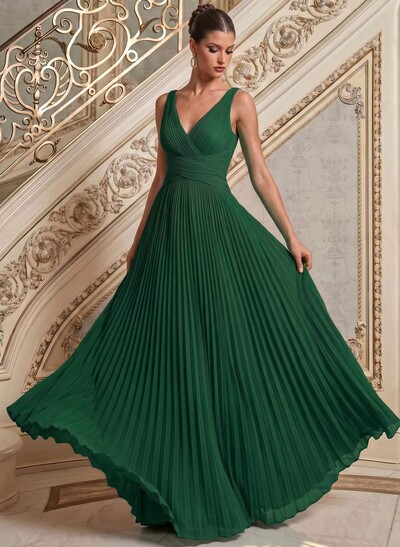 A-Line V-Neck Sleeveless Floor-Length Chiffon Mother Of The Bride Dresses With Pleated