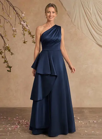 A-Line One-Shoulder Sleeveless Sweep Train Taffeta Mother Of The Bride Dresses With Ruffle