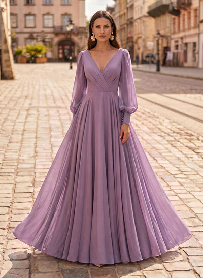 A-Line V-Neck Long Sleeves Floor-Length Chiffon Mother Of The Bride Dresses