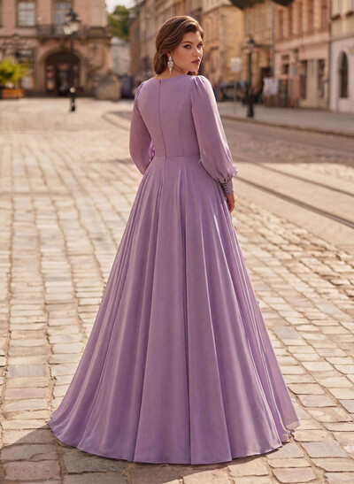 A-Line V-Neck Long Sleeves Floor-Length Chiffon Mother Of The Bride Dresses