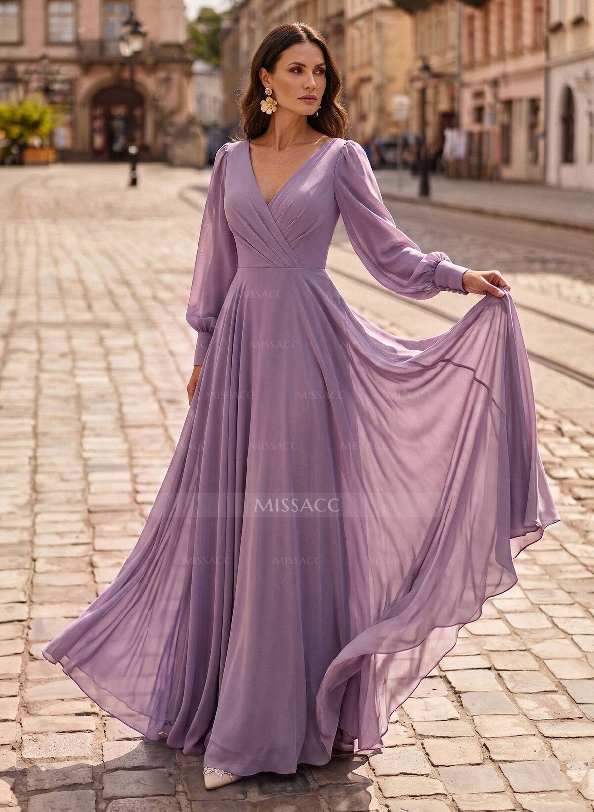 A-Line V-Neck Long Sleeves Floor-Length Chiffon Mother Of The Bride Dresses