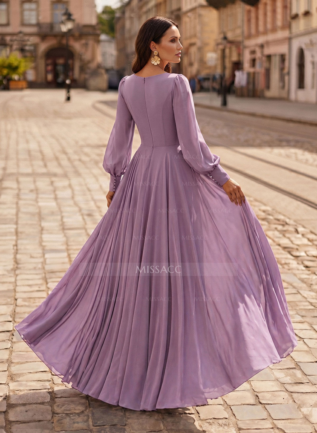 A-Line V-Neck Long Sleeves Floor-Length Chiffon Mother Of The Bride Dresses