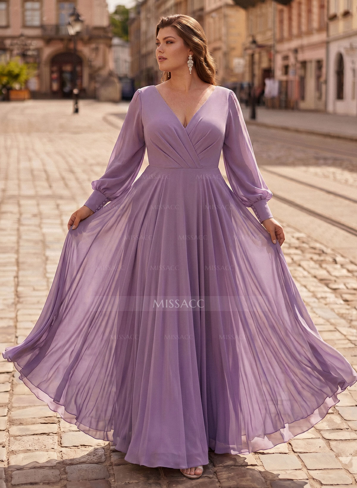 A-Line V-Neck Long Sleeves Floor-Length Chiffon Mother Of The Bride Dresses