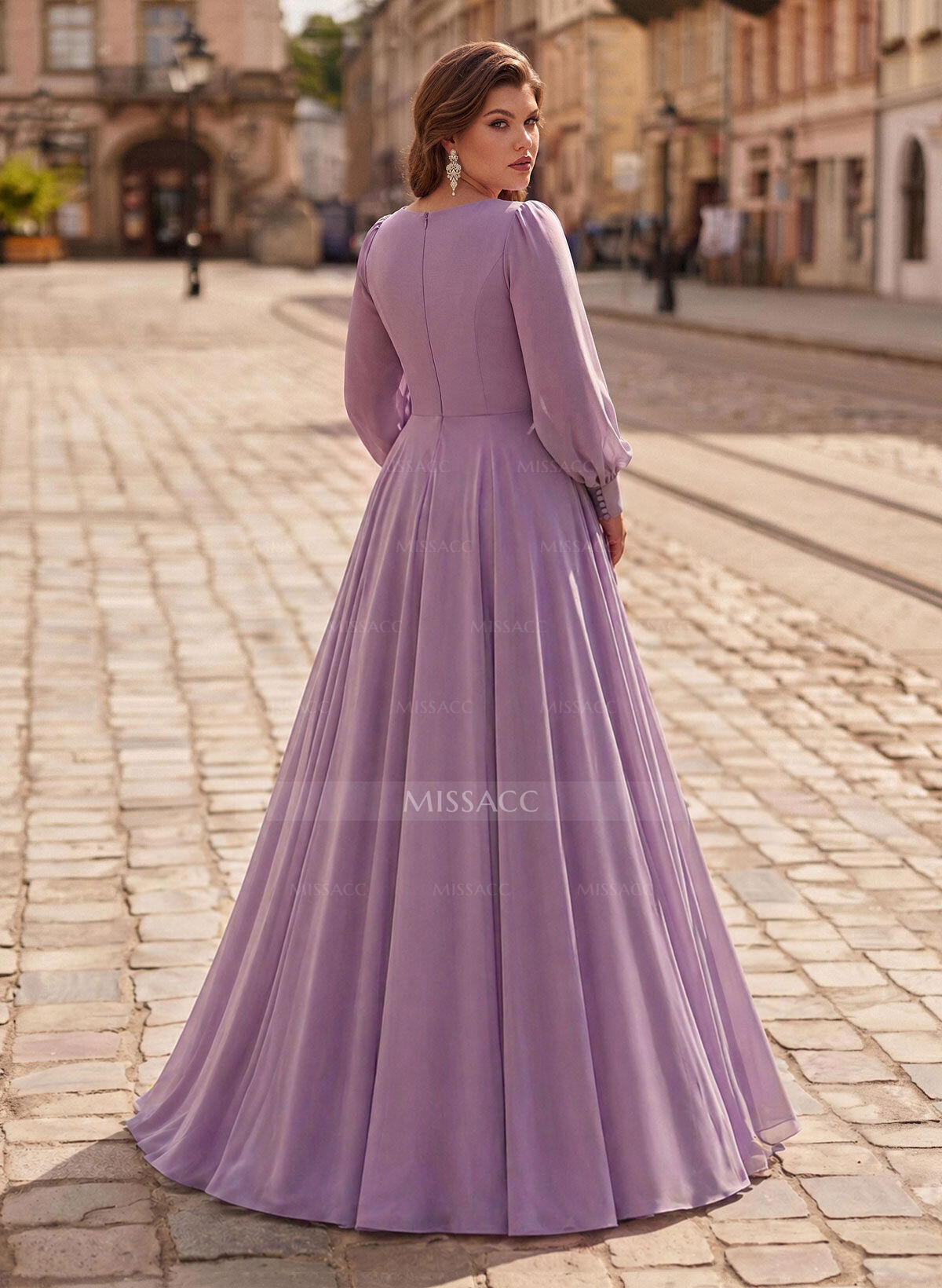 A-Line V-Neck Long Sleeves Floor-Length Chiffon Mother Of The Bride Dresses