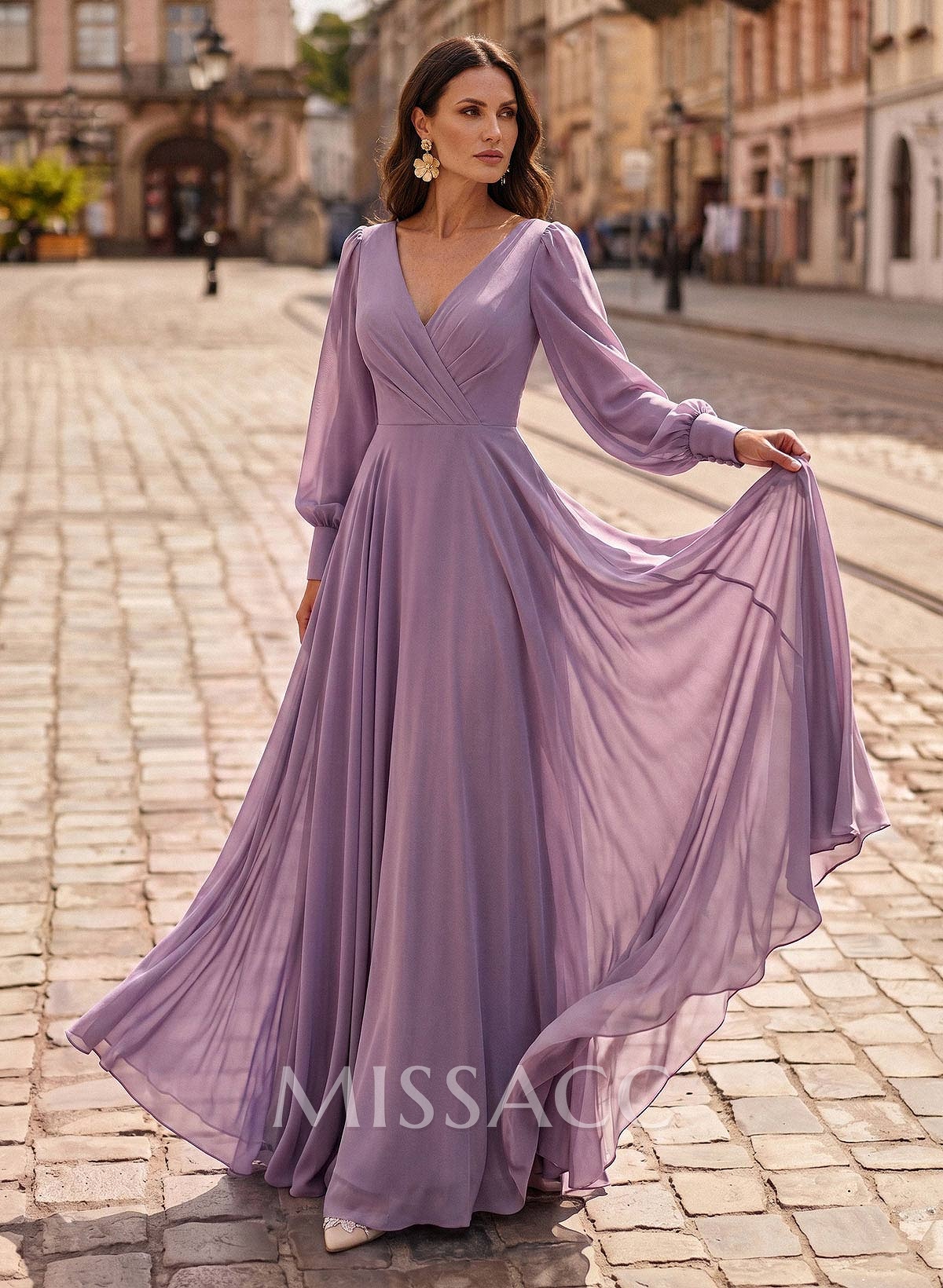 A-Line V-Neck Long Sleeves Floor-Length Chiffon Mother Of The Bride Dresses A-Line V-Neck Long Sleeves Floor-Length Chiffon Mother Of The Bride Dresses