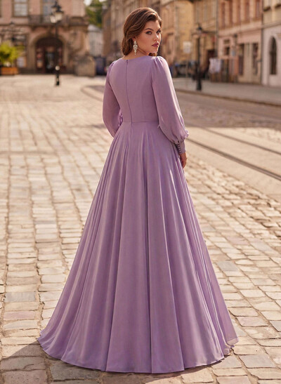 A-Line V-Neck Long Sleeves Floor-Length Chiffon Mother Of The Bride Dresses