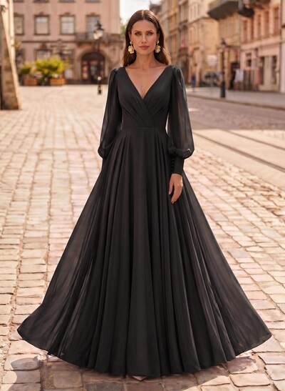 A-Line V-Neck Long Sleeves Floor-Length Chiffon Mother Of The Bride Dresses