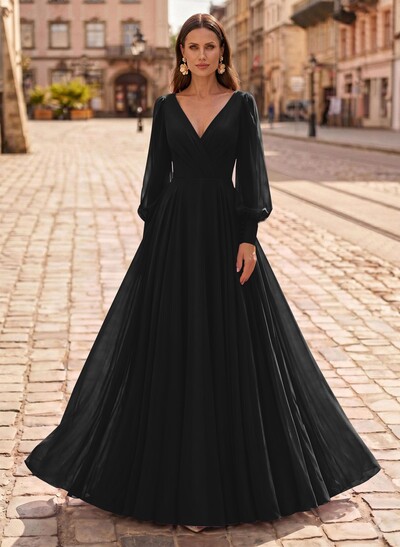 A-Line V-Neck Long Sleeves Floor-Length Chiffon Mother Of The Bride Dresses