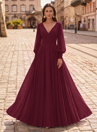 A-Line V-Neck Long Sleeves Floor-Length Chiffon Evening Dresses
