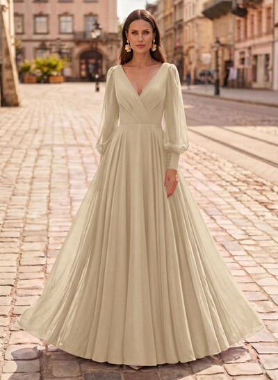 A-Line V-Neck Long Sleeves Floor-Length Chiffon Mother Of The Bride Dresses