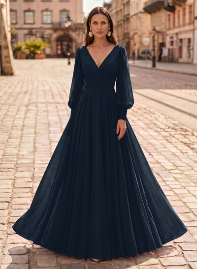 A-Line V-Neck Long Sleeves Floor-Length Chiffon Mother Of The Bride Dresses