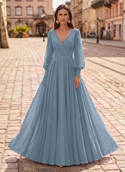 A-Line V-Neck Long Sleeves Floor-Length Chiffon Mother Of The Bride Dresses