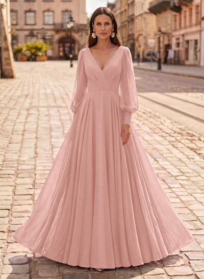 A-Line V-Neck Long Sleeves Floor-Length Chiffon Mother Of The Bride Dresses