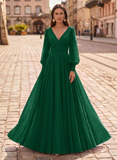 A-Line V-Neck Long Sleeves Floor-Length Chiffon Mother Of The Bride Dresses