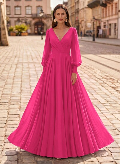 A-Line V-Neck Long Sleeves Floor-Length Chiffon Mother Of The Bride Dresses
