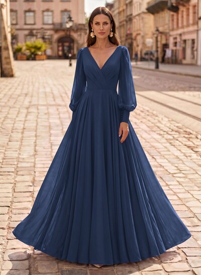 A-Line V-Neck Long Sleeves Floor-Length Chiffon Mother Of The Bride Dresses