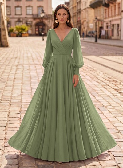 A-Line V-Neck Long Sleeves Floor-Length Chiffon Evening Dresses