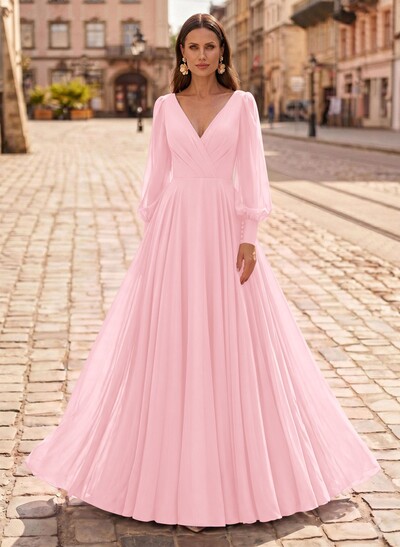 A-Line V-Neck Long Sleeves Floor-Length Chiffon Mother Of The Bride Dresses