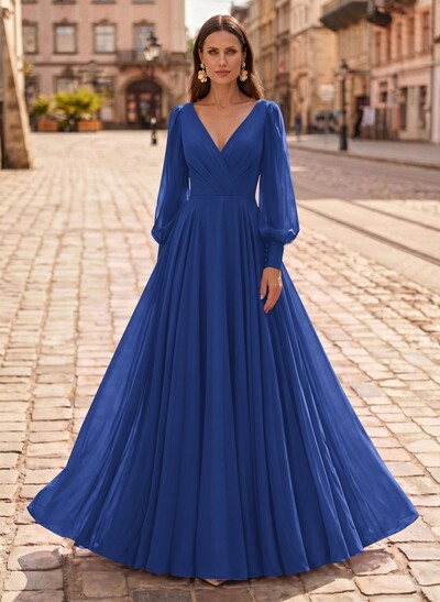 A-Line V-Neck Long Sleeves Floor-Length Chiffon Mother Of The Bride Dresses