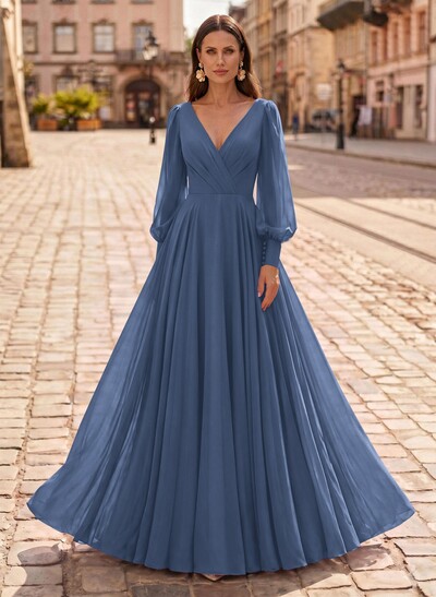 A-Line V-Neck Long Sleeves Floor-Length Chiffon Mother Of The Bride Dresses