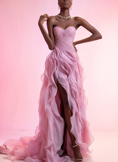 A-Line Sweetheart Sleeveless Court Train Organza/Matte Satin Prom Dresses