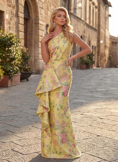 Sheath/Column One-Shoulder Sleeveless Floor-Length Satin Prom Dresses With Ruffle/Flower(s)