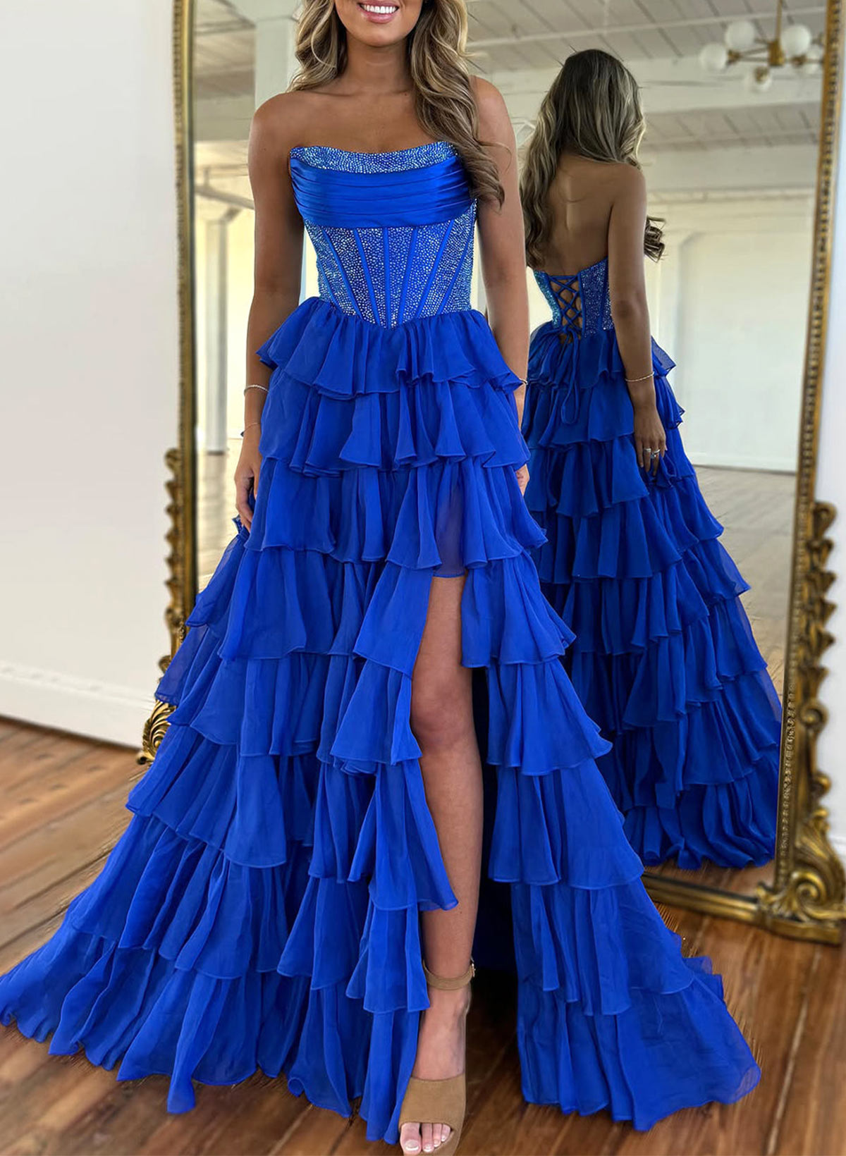 Sparkle & Shine Strapless Sleeveless A-Line Floor-Length 30D Chiffon Prom Dresses With High Split/Tiered