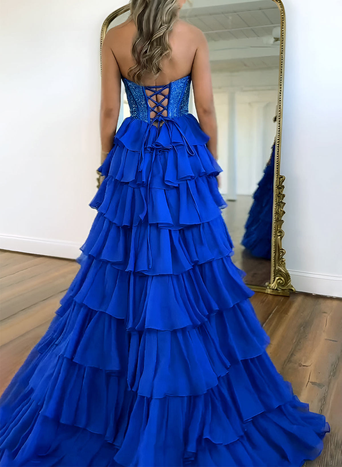 Sparkle & Shine Strapless Sleeveless A-Line Floor-Length 30D Chiffon Prom Dresses With High Split/Tiered