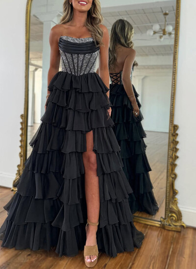 Sparkle & Shine Strapless Sleeveless A-Line Floor-Length 30D Chiffon Prom Dresses With High Split/Tiered
