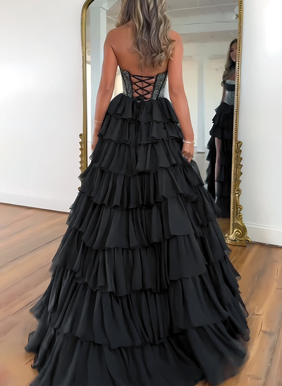 Sparkle & Shine Strapless Sleeveless A-Line Floor-Length 30D Chiffon Prom Dresses With High Split/Tiered
