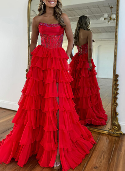Sparkle & Shine Strapless Sleeveless A-Line Floor-Length 30D Chiffon Prom Dresses With High Split/Tiered