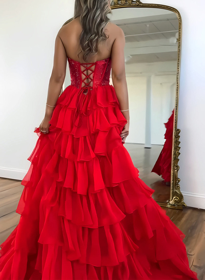 Sparkle & Shine Strapless Sleeveless A-Line Floor-Length 30D Chiffon Prom Dresses With High Split/Tiered