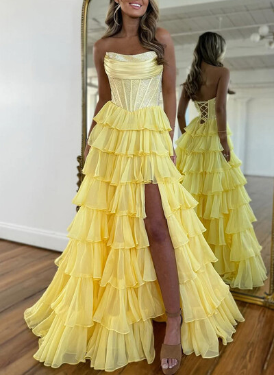 Sparkle & Shine Strapless Sleeveless A-Line Floor-Length 30D Chiffon Prom Dresses With High Split/Tiered