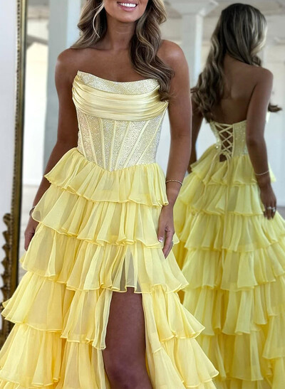 Sparkle & Shine Strapless Sleeveless A-Line Floor-Length 30D Chiffon Prom Dresses With High Split/Tiered