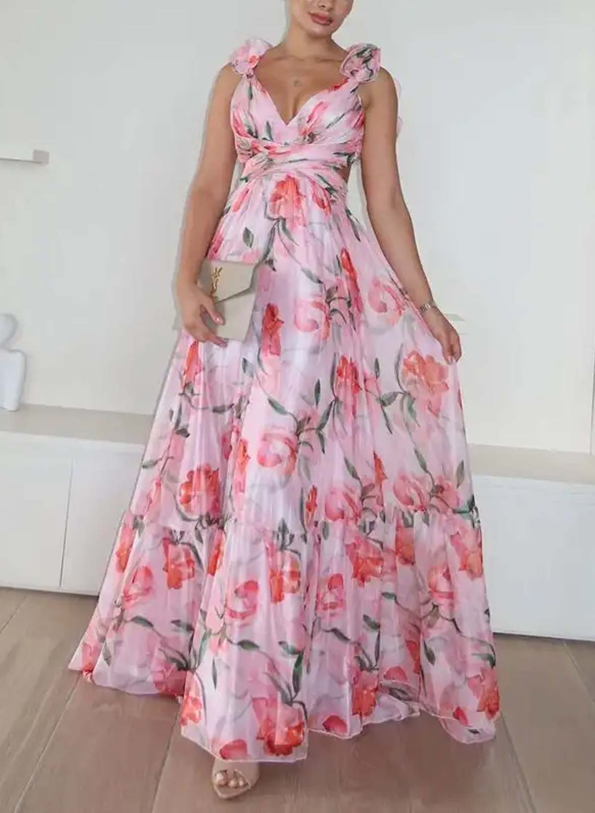 Boho A-Line V-Neck Sleeveless Floor-Length Chiffon Prom Dresses With Pleated/Floral-Print