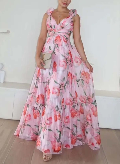 Boho A-Line V-Neck Sleeveless Floor-Length Chiffon Prom Dresses With Pleated/Floral-Print