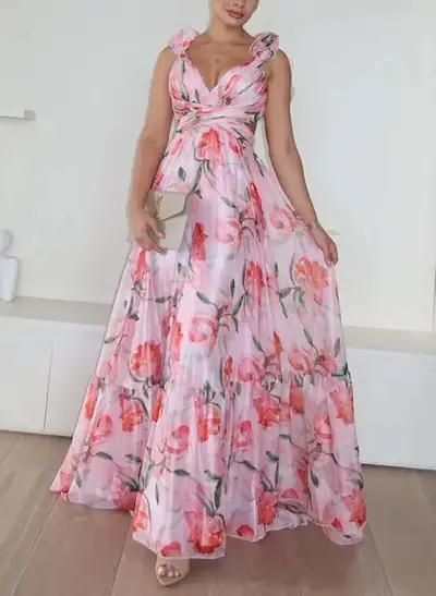 Boho A-Line V-Neck Sleeveless Floor-Length Chiffon Prom Dresses With Pleated/Floral-Print
