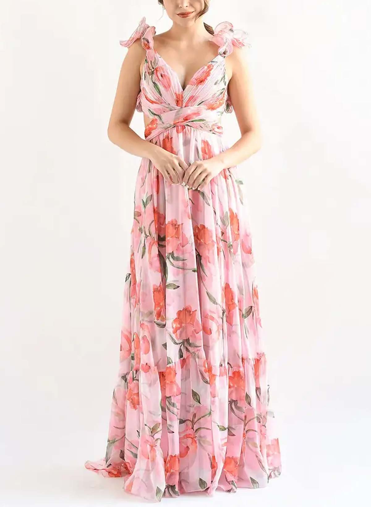 Boho A-Line V-Neck Sleeveless Floor-Length Chiffon Prom Dresses With Pleated/Floral-Print