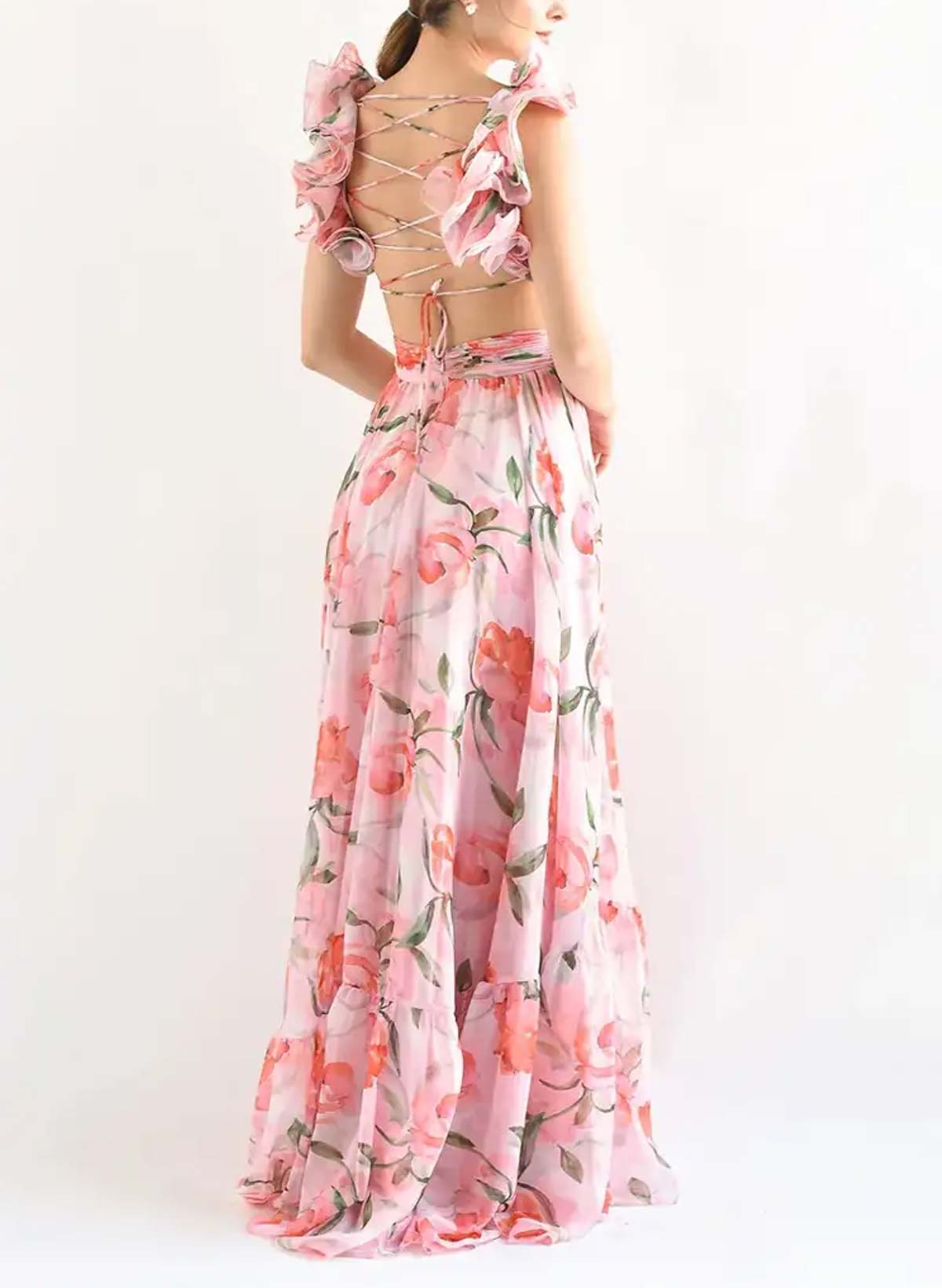 Boho A-Line V-Neck Sleeveless Floor-Length Chiffon Prom Dresses With Pleated/Floral-Print