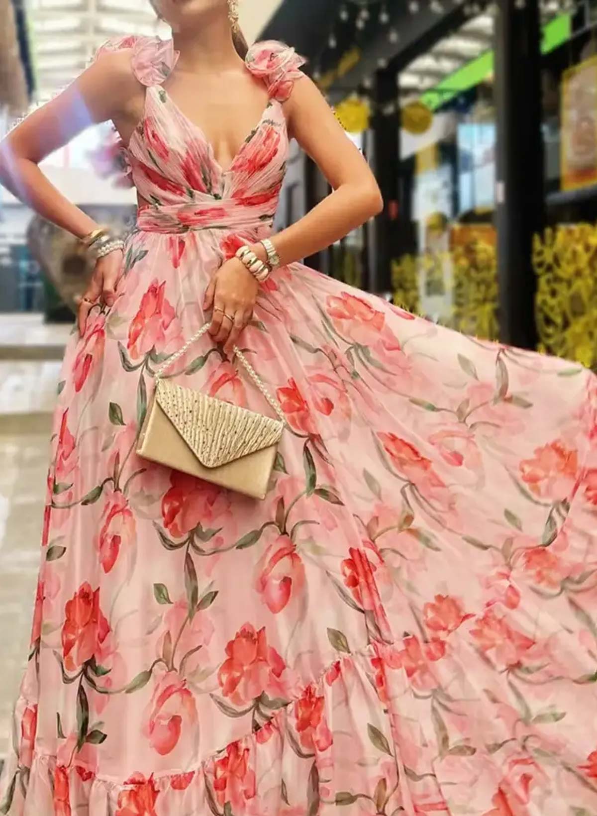 Boho A-Line V-Neck Sleeveless Floor-Length Chiffon Prom Dresses With Pleated/Floral-Print