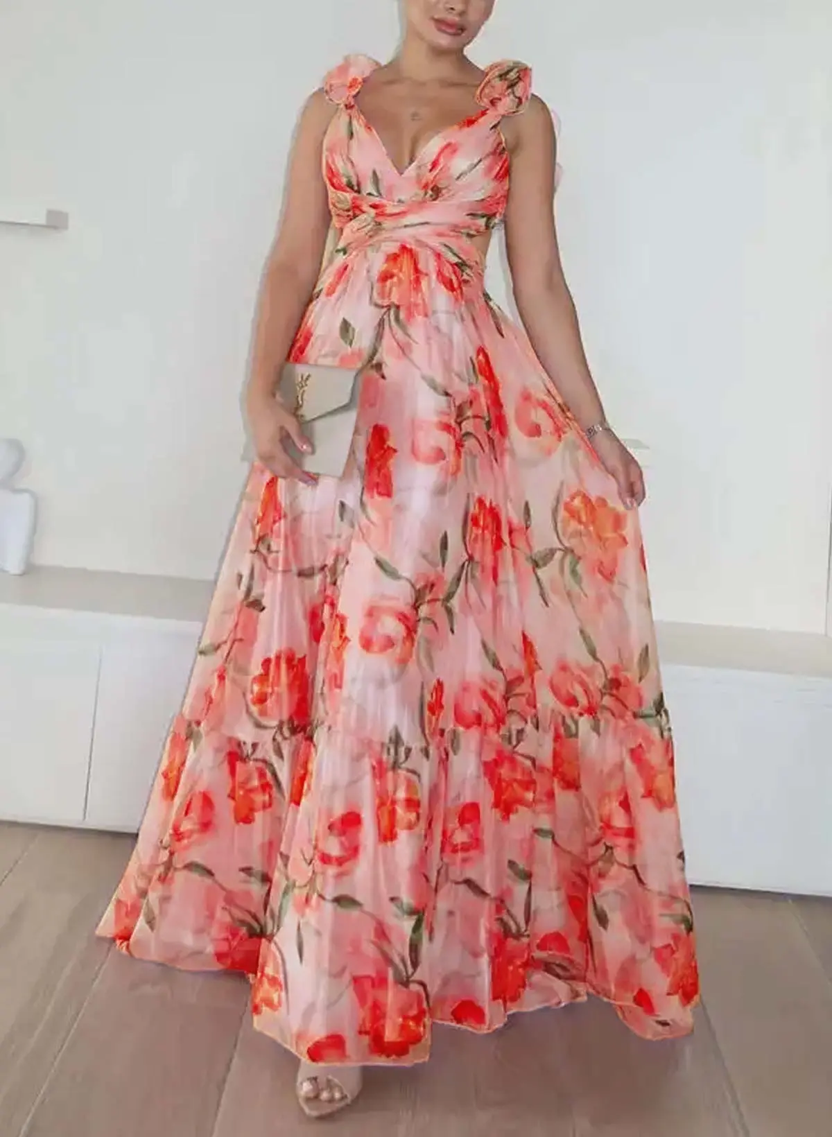 Boho A-Line V-Neck Sleeveless Floor-Length Chiffon Prom Dresses With Pleated/Floral-Print