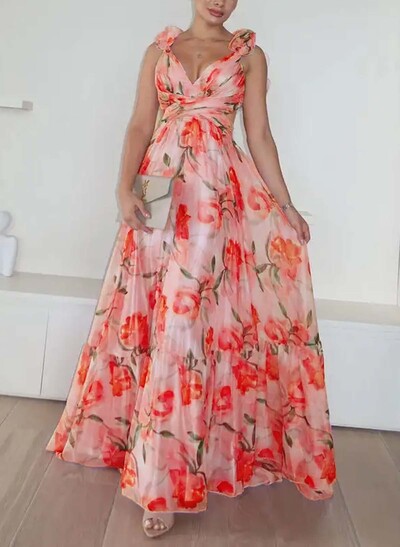 Boho A-Line V-Neck Sleeveless Floor-Length Chiffon Prom Dresses With Pleated/Floral-Print