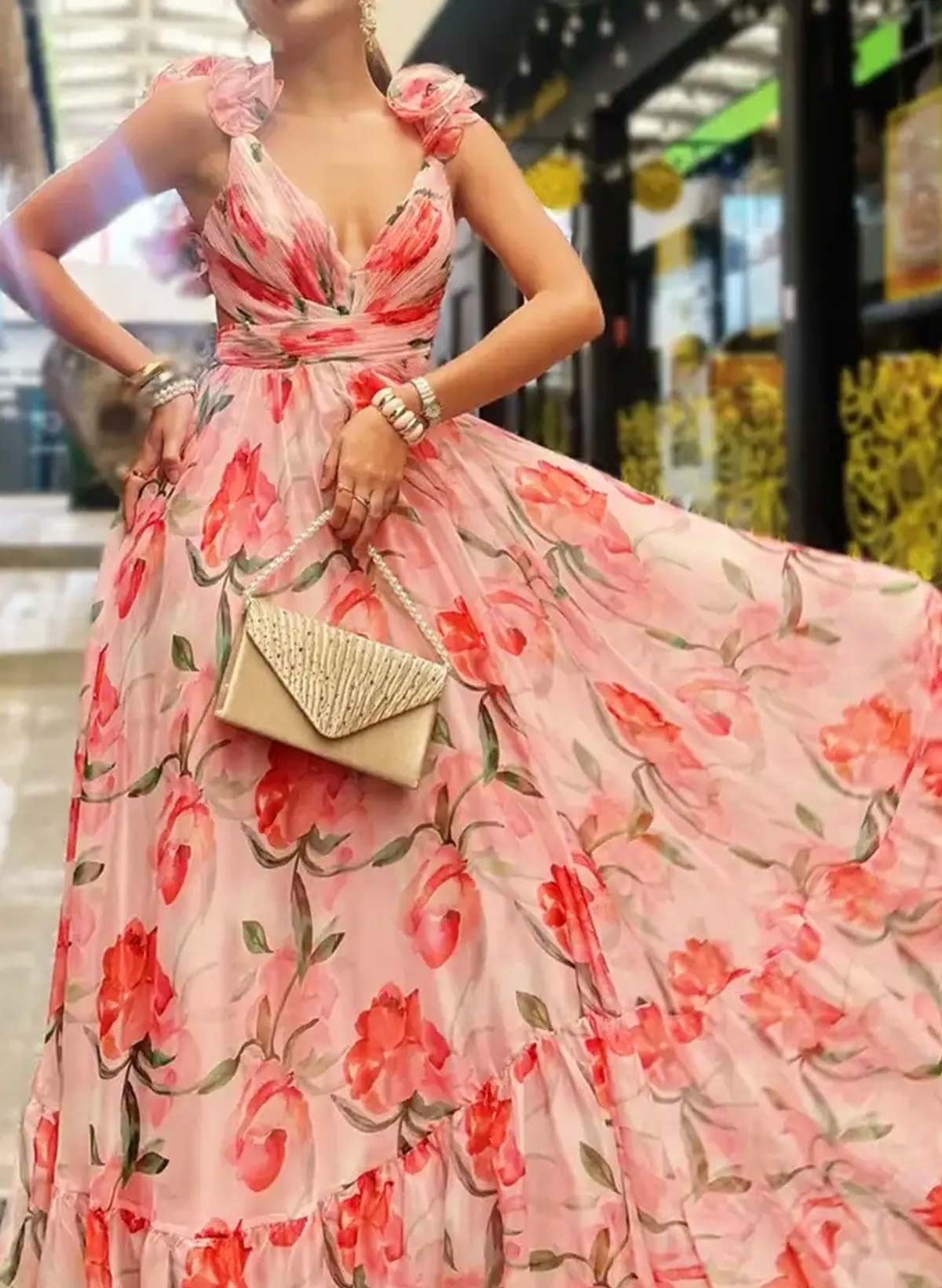 Boho A-Line V-Neck Sleeveless Floor-Length Chiffon Prom Dresses With Pleated/Floral-Print Boho A-Line V-Neck Sleeveless Floor-Length Chiffon Prom Dresses With Pleated/Floral-Print