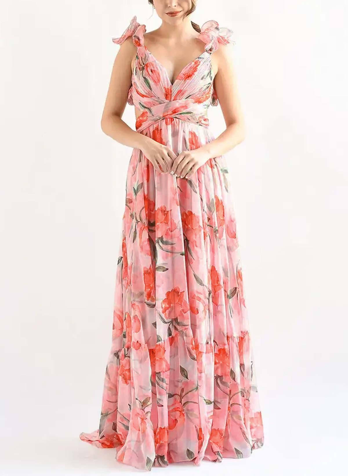 Boho A-Line V-Neck Sleeveless Floor-Length Chiffon Prom Dresses With Pleated/Floral-Print Boho A-Line V-Neck Sleeveless Floor-Length Chiffon Prom Dresses With Pleated/Floral-Print