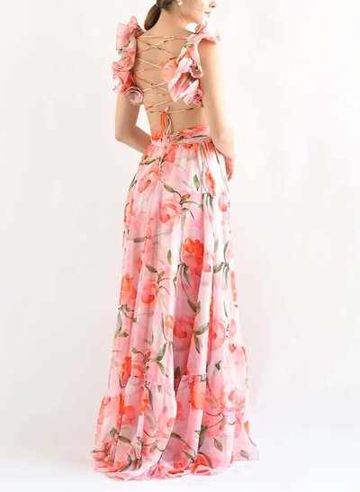 Boho A-Line V-Neck Sleeveless Floor-Length Chiffon Prom Dresses With Pleated/Floral-Print